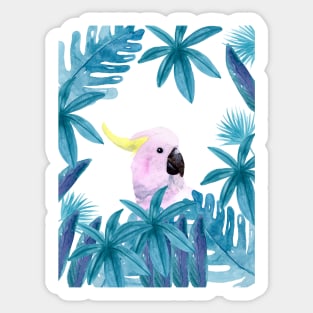 Cockatoo with tropical leaves in watercolor Sticker